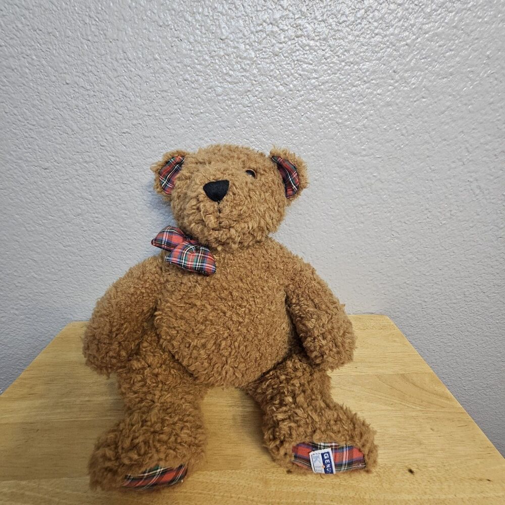 Ganz Cottage Collectibles Teddy Bear Plush Brown Curly Fur Plaid Bow Stuffie